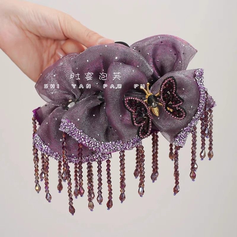 手工女黑色AB面公主款蝴蝶结发夹新款花朵流苏蝴蝶鲨鱼夹轻奢抓夹,淘宝优惠券,粉丝福利购,淘宝优惠卷