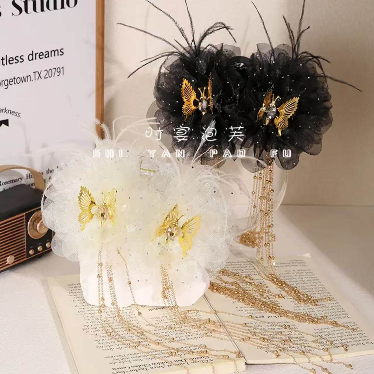 扑棱蛾子冬季新款羽毛流苏抓夹灵动蝴蝶显发量蓬松鲨鱼夹发夹,淘宝优惠券,粉丝福利购,淘宝优惠卷