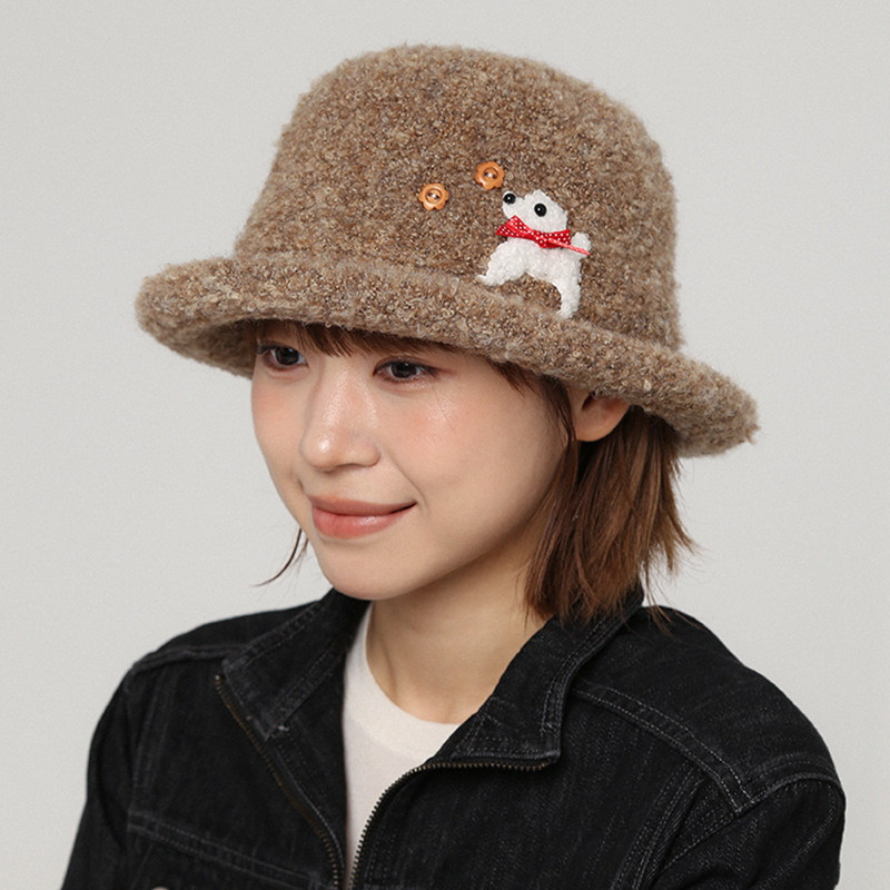 小狗蝴蝶结咖色渔夫帽短檐卷边女秋冬新款保暖护耳毛线帽遮阳盆帽,淘宝优惠券,粉丝福利购,淘宝优惠卷