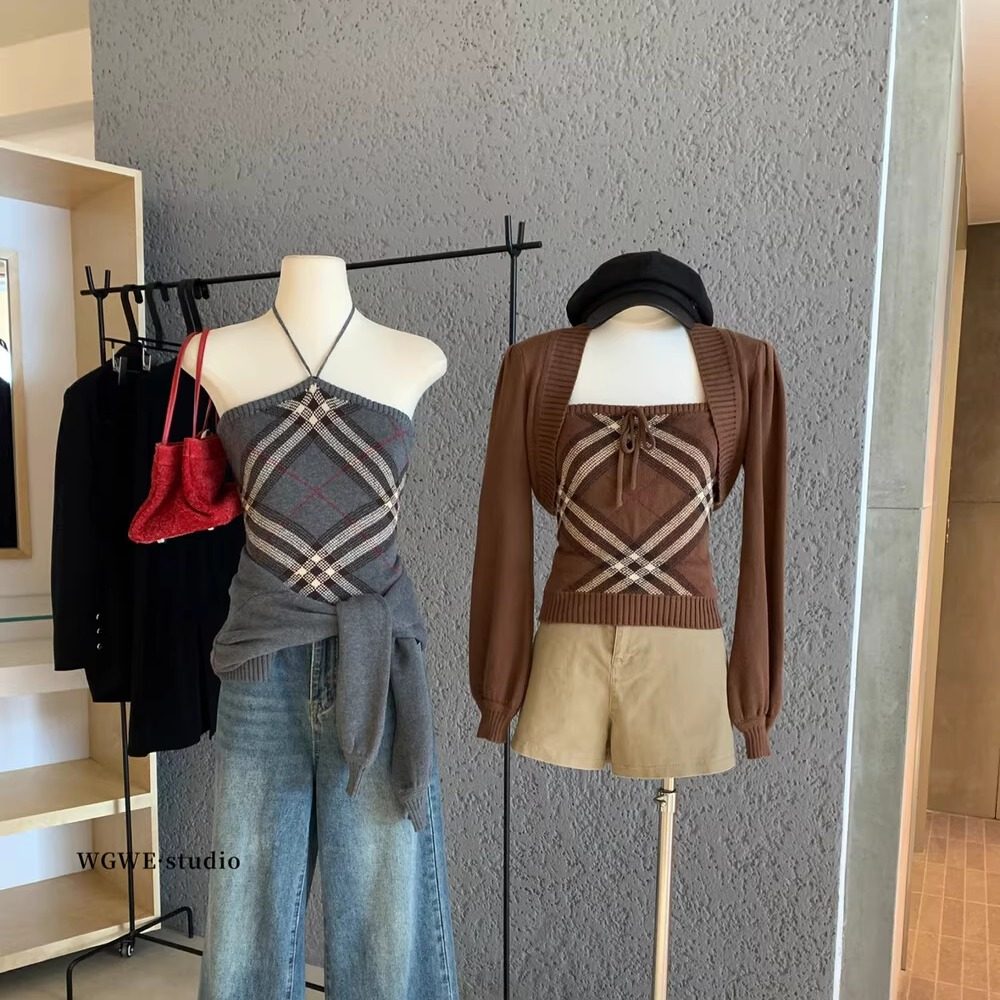 法式甜辣妹格纹毛衣抹胸内搭上衣+长袖针织开衫巨好看早秋两件套,淘宝优惠券,粉丝福利购,淘宝优惠卷