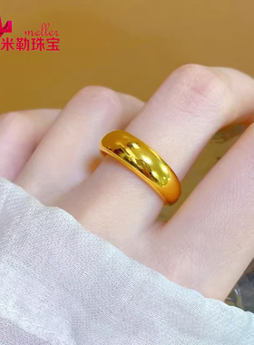 5D硬金黄金海豚背小金坨戒指女999足金光面素圈新款纯金指环送礼