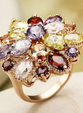 欧美风夸张玫瑰金花朵水晶戒指环