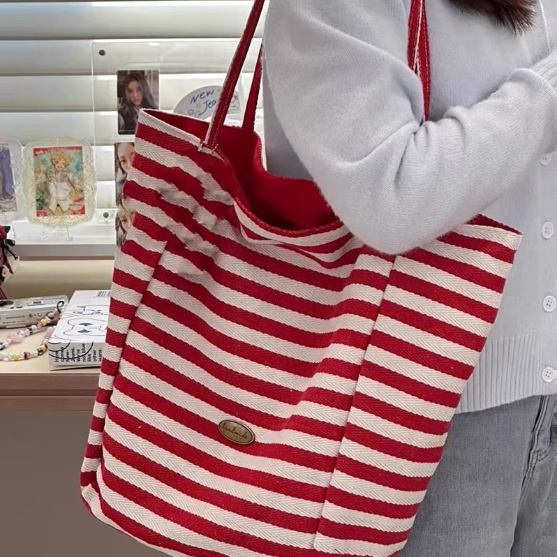 夏天条纹帆布袋韩国ins慵懒风托特包学生大容量休闲单肩包包女潮,淘宝优惠券,粉丝福利购,淘宝优惠卷