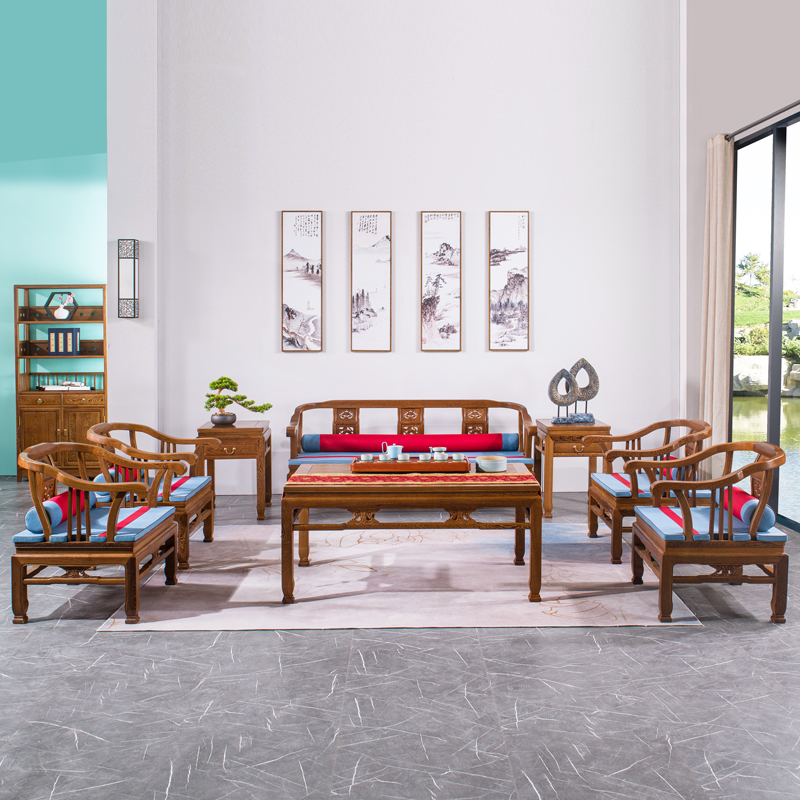 红木家具鸡翅木沙发八件套组合新中式客厅全实木云纹璃龙整装沙发 - 图0