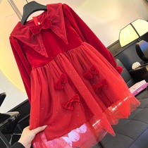 Girls autumn winter plus suede dress 2023 Winter fit retro red velvety dress Dress CUHK Girl Net Yarn Princess Dress