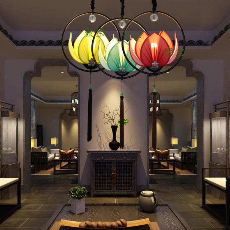 新中式莲花吊灯茶楼餐厅过道酒店吧台装饰氛围灯荷花吊灯布艺灯笼,淘宝优惠券,粉丝福利购,淘宝优惠卷