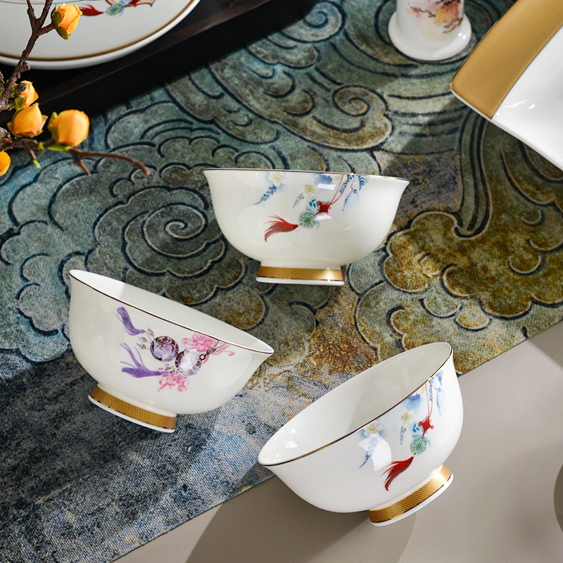 唐山骨瓷碗碟套装家用新中式品质金边碗盘碟组合结婚乔迁送礼餐具-图0