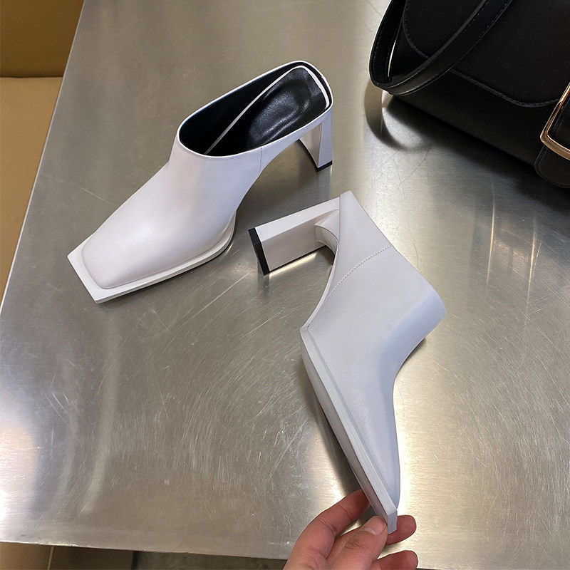 包头欧美风春季新款简约方头粗跟2022年帅气高跟真皮懒人半拖鞋女,淘宝优惠券,粉丝福利购,淘宝优惠卷