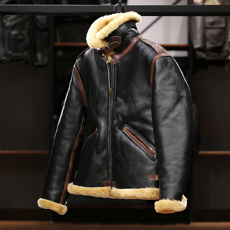 AVFLY绵羊皮B6皮毛一体飞行员夹克男女情侣款马皮拼接真皮皮衣 - 图3