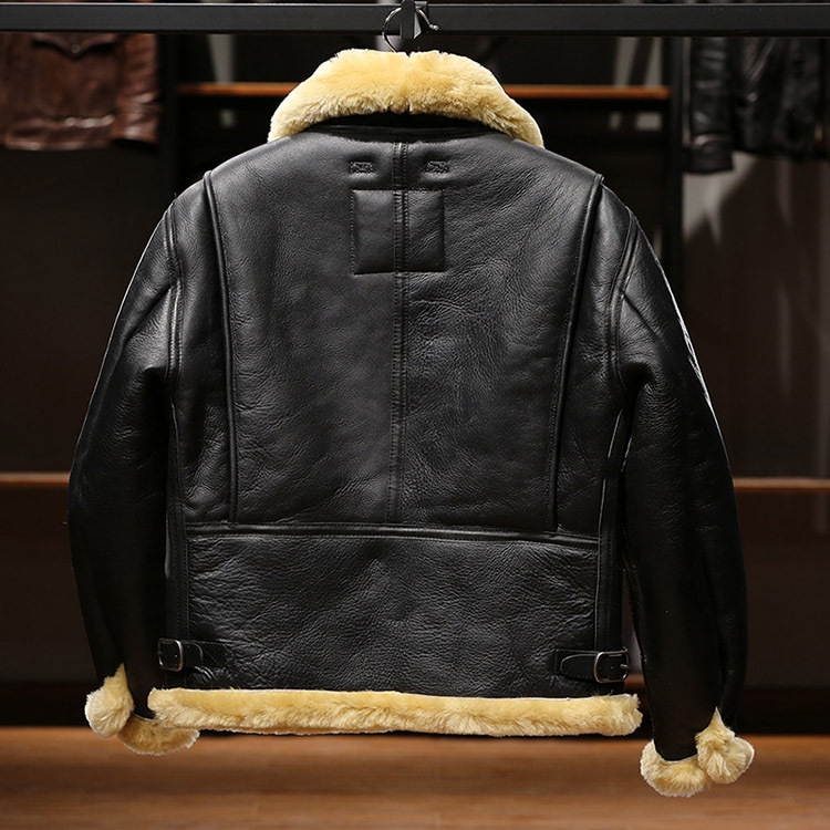 AVFLY绵羊皮B6皮毛一体飞行员夹克男女情侣款马皮拼接真皮皮衣 - 图1
