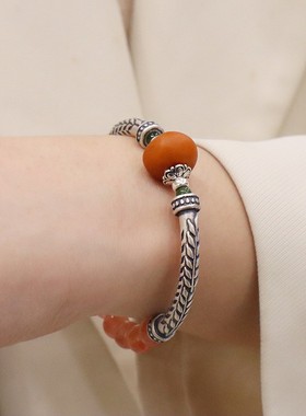 新中式天然南红朱砂纯银单圈手链麦穗老蜜蜡吊坠手饰品手镯百搭