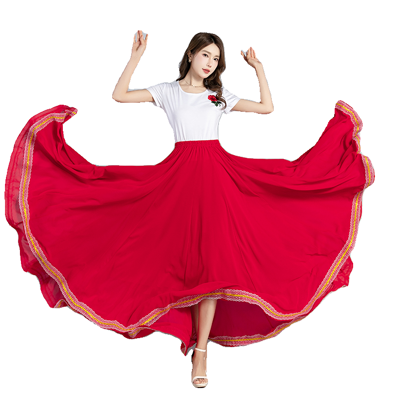 蕗依纯红色半身长裙女a字春夏雪纺显瘦新疆广场舞裙大摆720垂坠感,淘宝优惠券,粉丝福利购,淘宝优惠卷