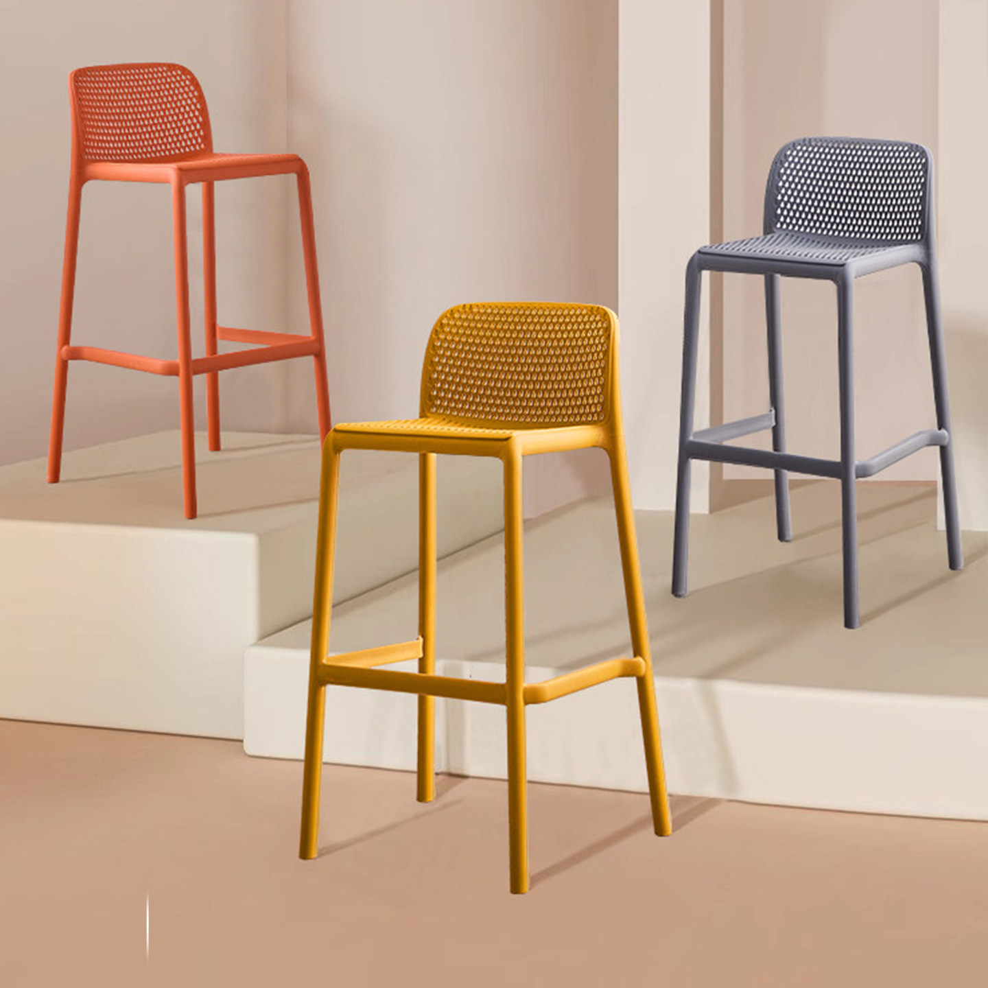 现代简约高脚椅家用塑料镂空靠背椅省空间叠放设计带搁脚吧台椅子,淘宝优惠券,粉丝福利购,淘宝优惠卷