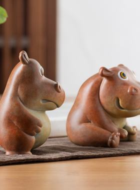 呆河马摆件财大气粗铜工艺品茶宠车载装饰办公室工位解压创意礼品