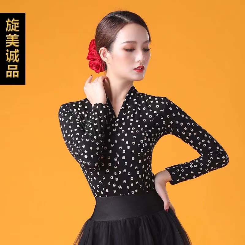 拉丁舞服2023新款上衣摩登舞服装女长袖舞蹈服v领修身跳舞练功服