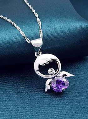 S925银可爱项链女锁骨链人造水晶银项链女银天使项链项坠日韩吊坠