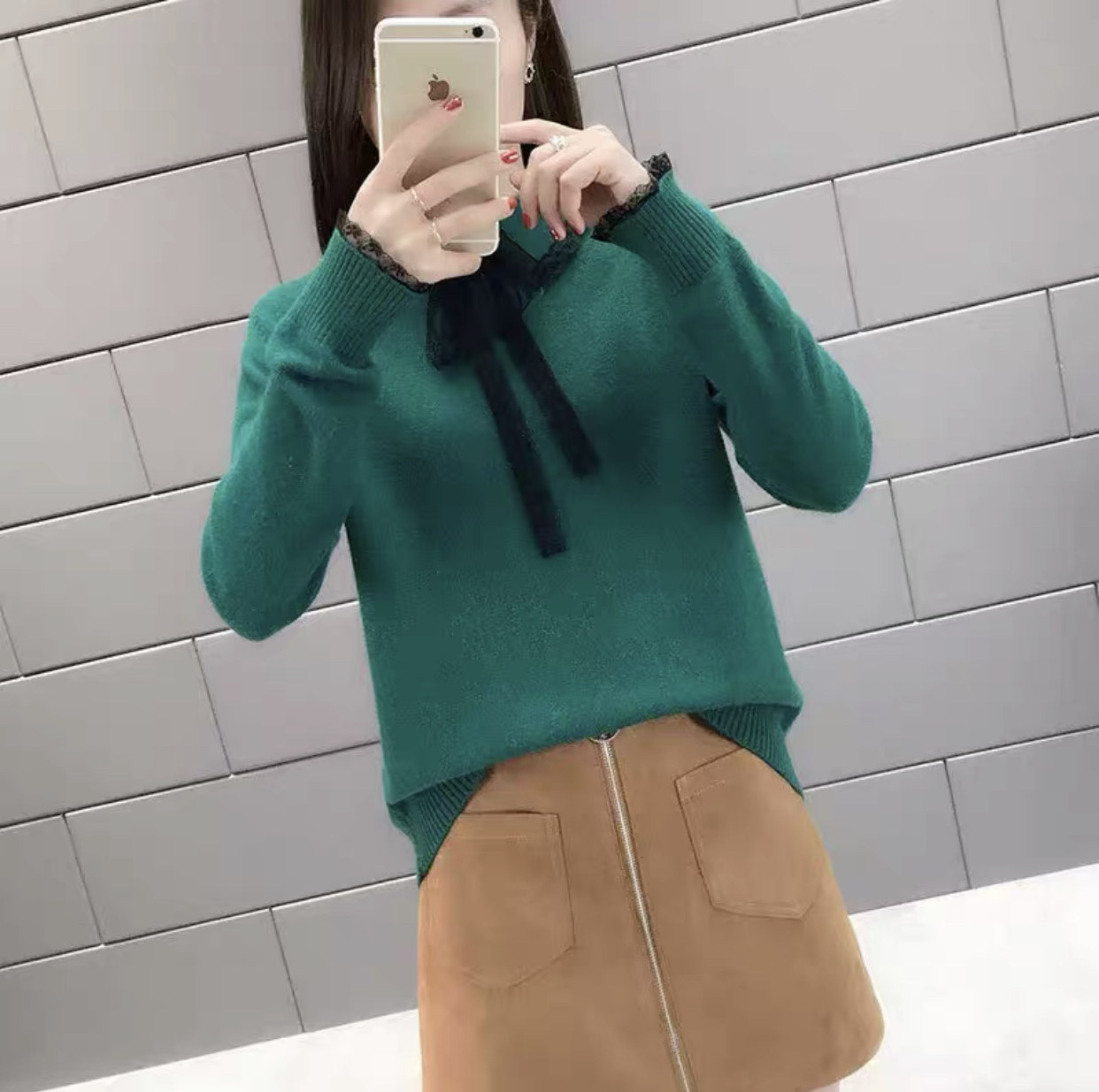 网红蕾丝蝴蝶结羊毛衫柔软女打底衫 香莘料毛衣