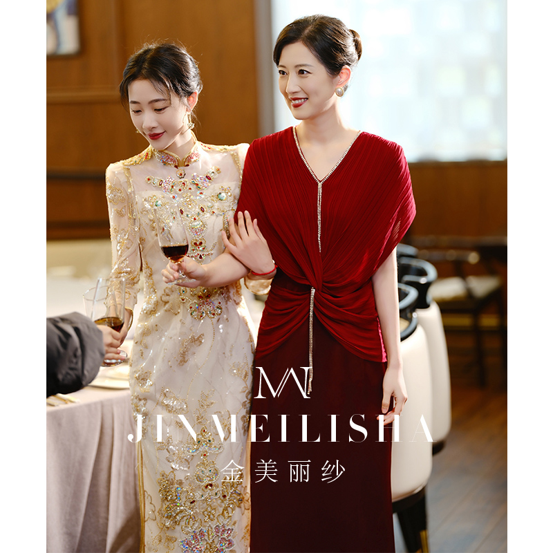 妈妈装婚宴礼服高端洋气酒红色2025新款结婚喜婆婆礼服年轻款大码-图2
