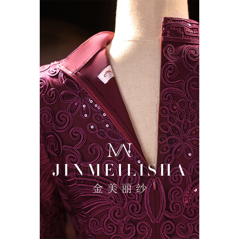 参加婚宴旗袍结婚妈妈装高端连衣裙 金美丽纱服饰旗袍