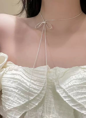 银色蝴蝶结抽拉式项链女简约ins冷淡风长款配饰韩系卫衣链锁骨链