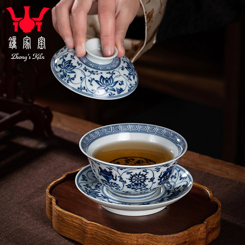 钟家窑柴窑盖碗单个景德镇青花缠枝八宝三才茶杯纯手工大号泡茶碗 - 图2