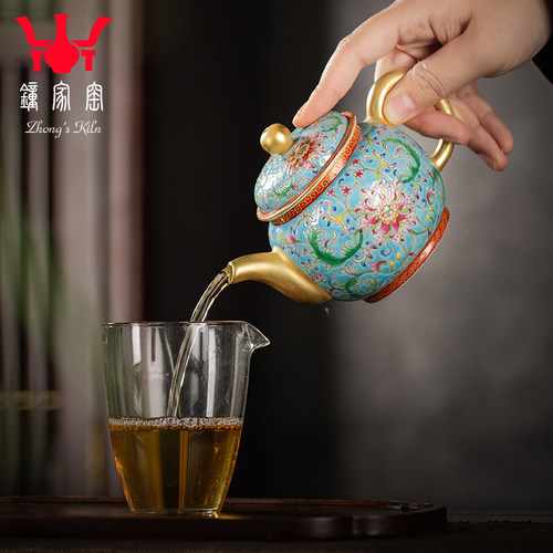 钟家窑茶壶 景德镇高端珐琅彩缠枝花纹陶瓷茶壶单壶纯手工泡茶壶 - 图1