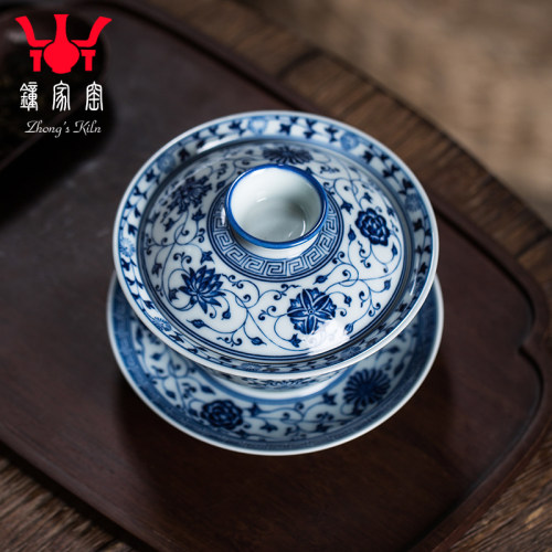 钟家窑盖碗茶杯手绘缠枝莲青花柴窑三才碗景德镇泡茶碗送礼礼盒装 - 图1