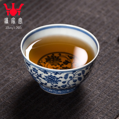 钟家窑柴窑主人杯单杯手绘青花茶杯纯手工景德镇茶具缠枝莲小茶杯 - 图1