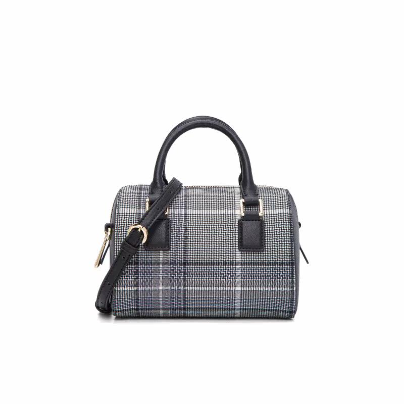 红谷新款复古格子手提圆筒波士顿包 庭满箱包女士包袋