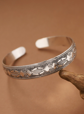 新中式浮雕花古银手镯民族风配饰