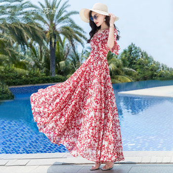 Shadian ruffled V-neck dress chiffon large swing elegant skirt long seaside skirt slimming body-covering beach skirt summer