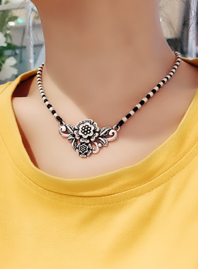 新中式牡丹花朵莲花平安锁骨链女