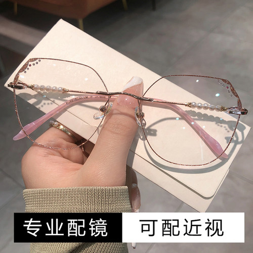 超轻纯钛无边框多边形近视眼镜女可配有度数素颜大框眼睛防蓝光潮 - 图1