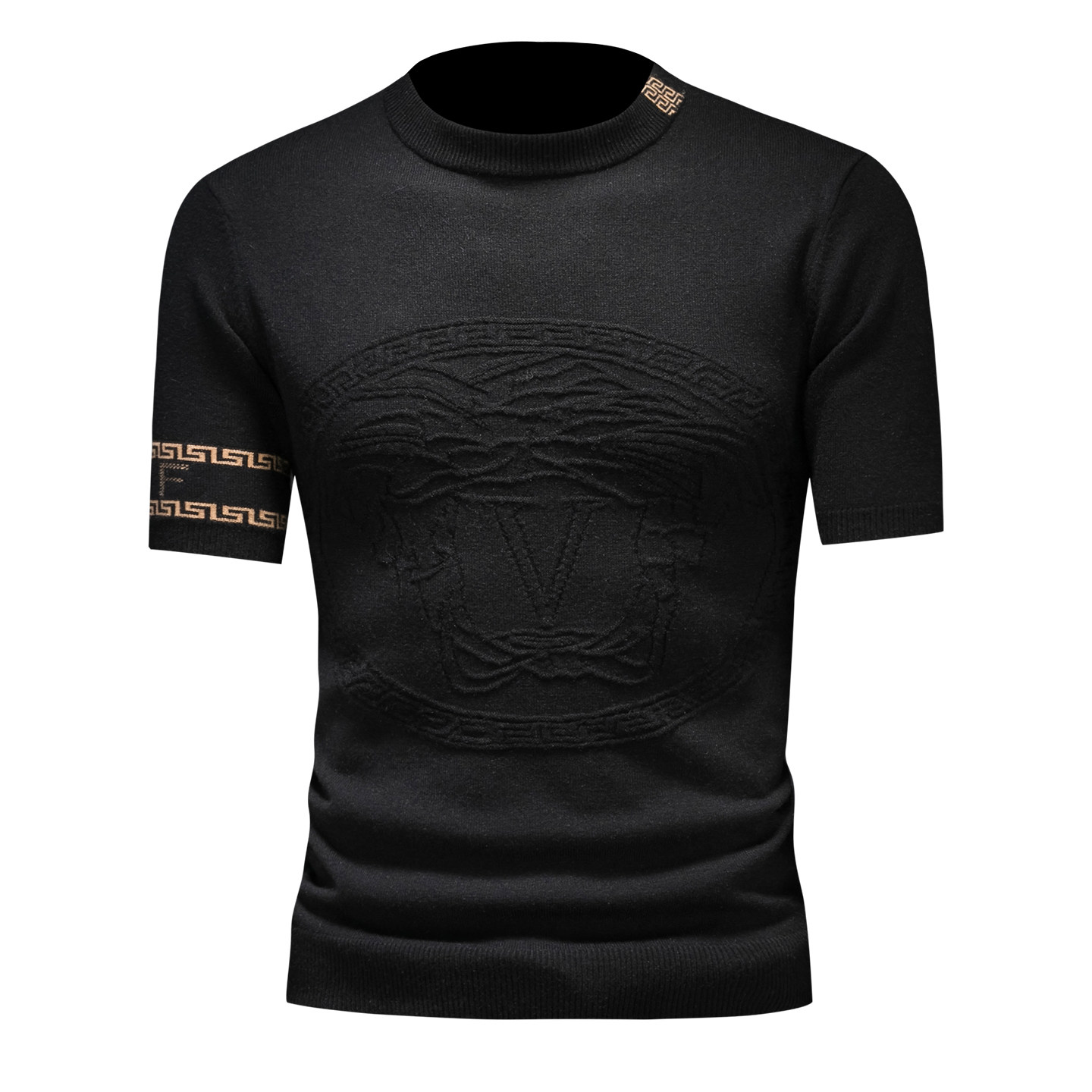 潮流半高领短袖羊毛衫男款提花打底针织衫欧洲站冬季轻奢半袖毛衣