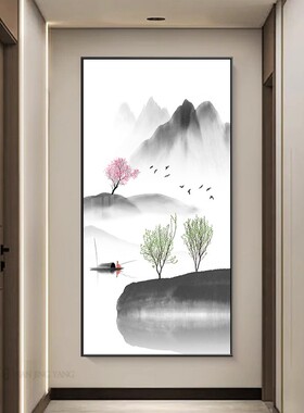 新中式入户玄关装饰画进门山水风景走廊挂画空间艺术壁画过道晶瓷