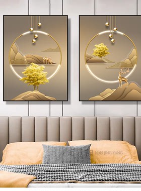 北欧风格卧室床头画麋鹿暖色调挂画晶瓷沙发背景双联画餐厅壁画两