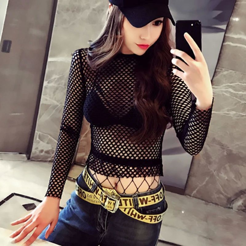 Sexy T-shirt for Women Goth Black Skinny Mesh See Through Lo-图2