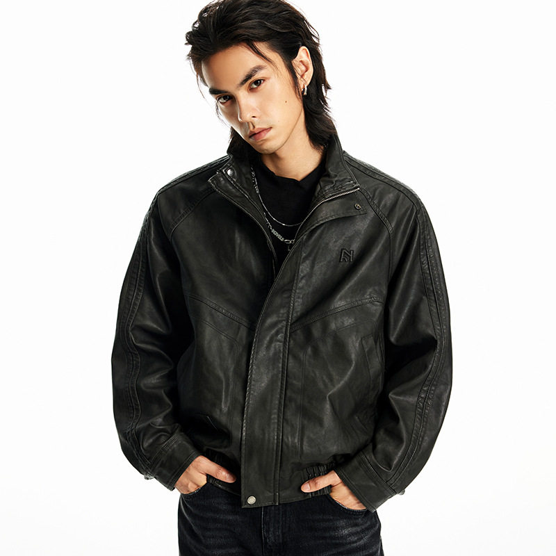 美式复古PU皮衣男秋季宽松潮牌大码夹克上衣男士潮流立领防风外套,淘宝优惠券,粉丝福利购,淘宝优惠卷