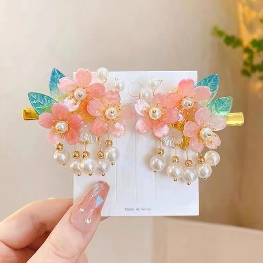 儿童汉服头饰步摇流苏古风发夹女中国风粉色花朵发卡公主古装发饰