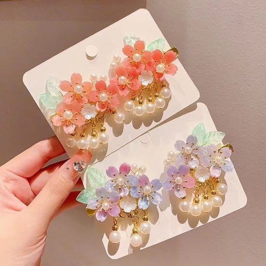 儿童汉服头饰步摇流苏古风发夹女中国风粉色花朵发卡公主古装发饰