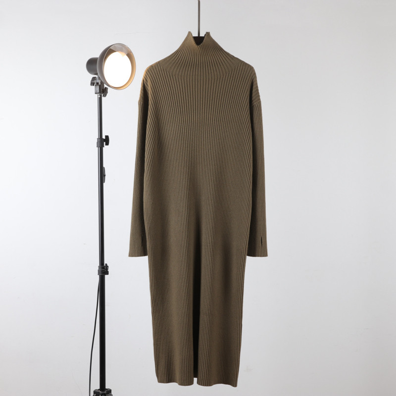 针织打底连衣裙女秋冬纯色高领小个子宽松中长款毛衣裙过膝长裙子