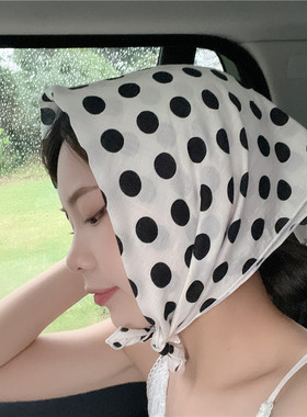 绿色波点棉方巾小丝巾发带女领巾韩国文艺百搭春秋围巾棉质包头巾