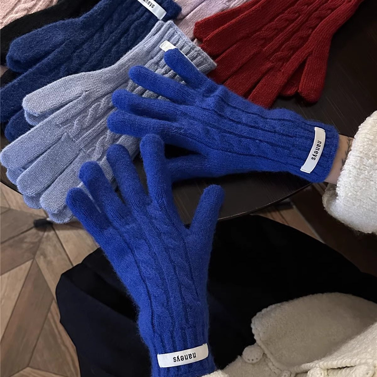 宝蓝色简约麻花百搭针织毛线手套少女秋冬保暖露指可触屏骑行防寒,淘宝优惠券,粉丝福利购,淘宝优惠卷