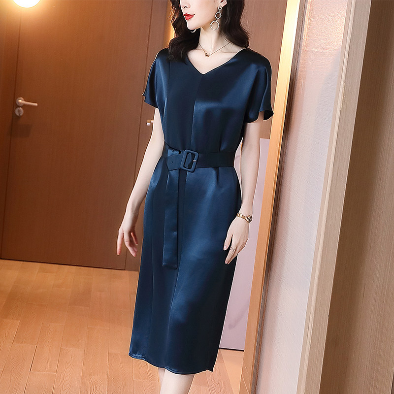 醋酸连衣裙夏2020新款收腰缎面裙子 凯芙诺连衣裙