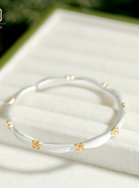 大理寸四银庄足银999雪花银金色拉丝桂花手镯开口款新中式送女友