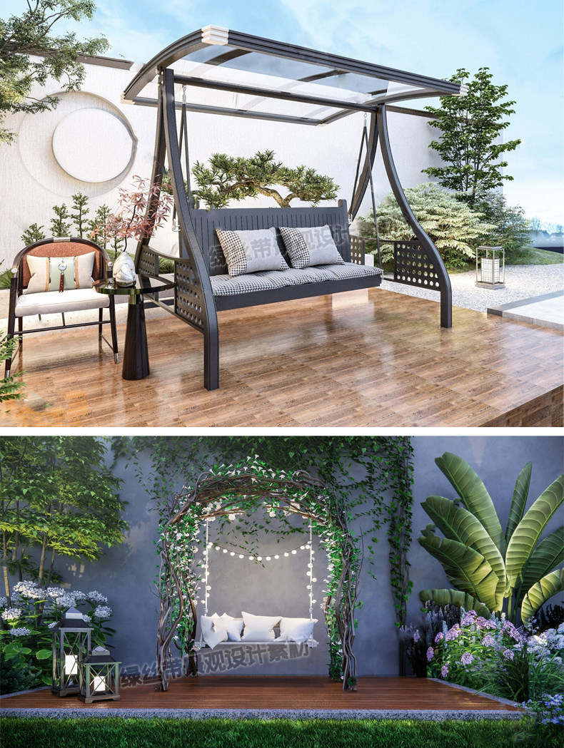 庭院花园秋千木质露台户外现代新中式吊椅摇椅草图大师SU模型素材,淘宝优惠券,粉丝福利购,淘宝优惠卷