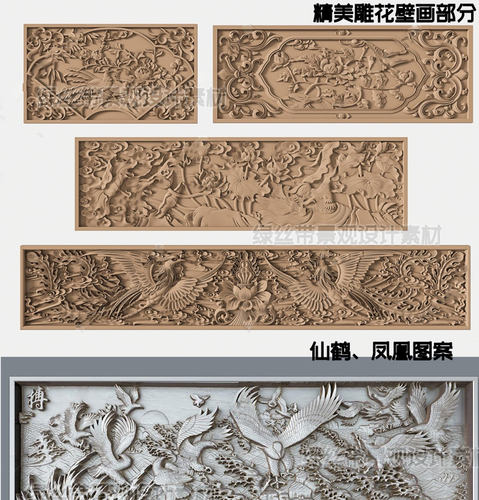 草图大师中式浮雕景墙雕花图案山水花鸟壁画砖雕影壁墙雕刻su模型 - 图2