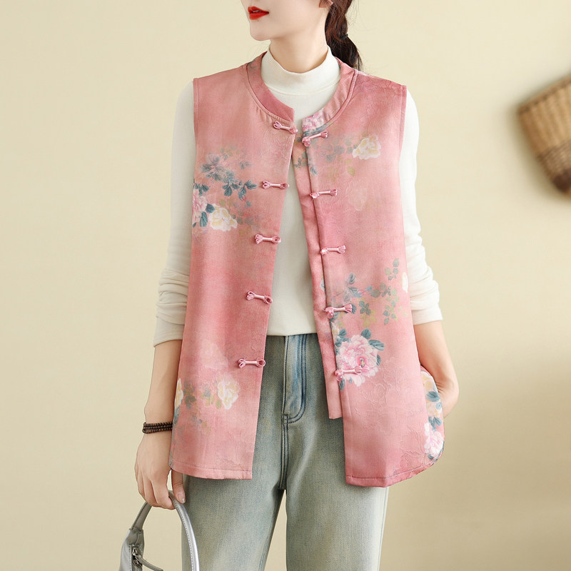 国风盘扣中式马甲上衣秋冬新款背心无袖复古坎肩提花印花大码女装 - 图0