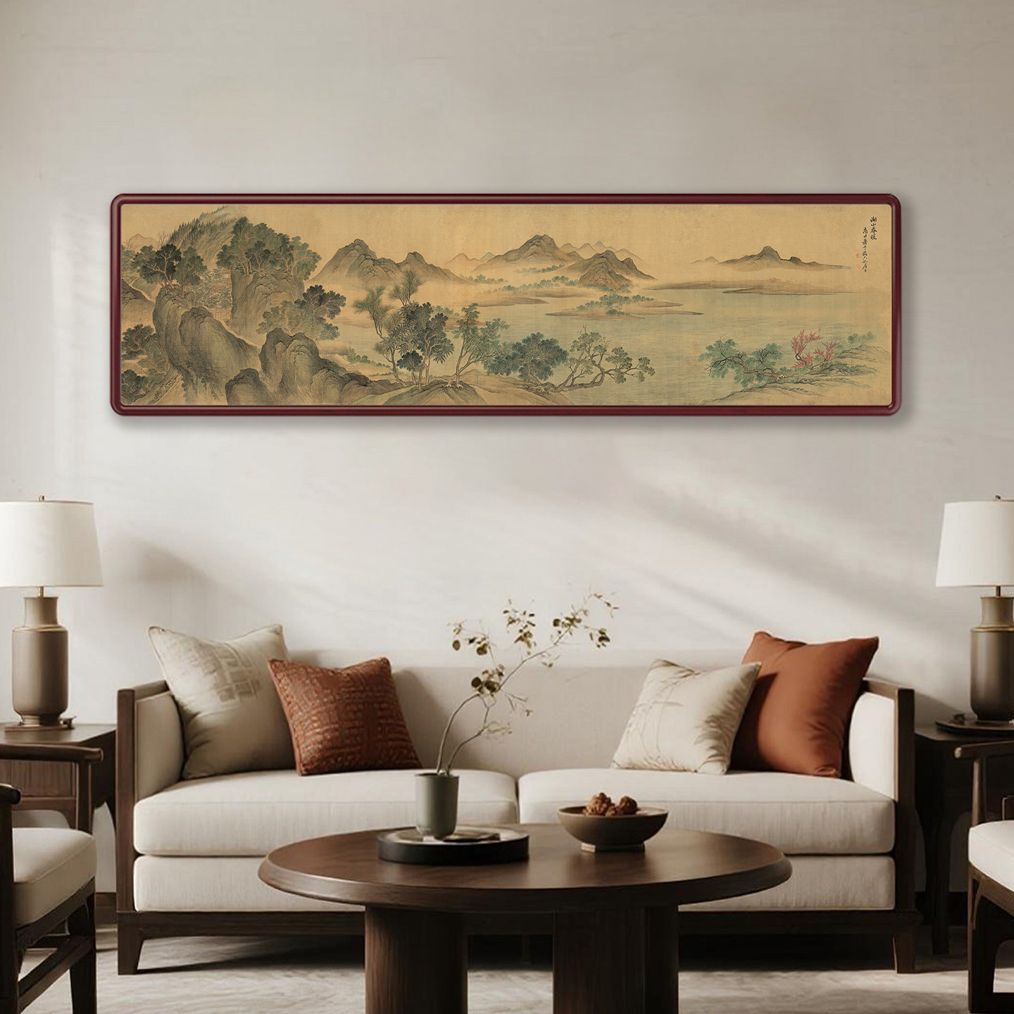 （湖山春暖图）水墨山水画客厅沙发背景挂画墙壁装饰画中式美学,淘宝优惠券,粉丝福利购,淘宝优惠卷