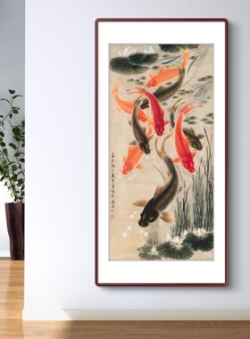 (九鲤图)聚财锦鲤新中式客厅挂画餐厅走廊过道竖版装饰画
